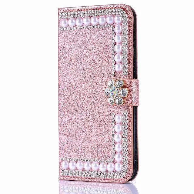 Phone Case For Apple Wallet Case iPhone 14 Pro Max Plus 13 12 11 Mini X XR XS 8 7 Card Holder Rhinestone with Stand Solid Colored Hard PU Leather
