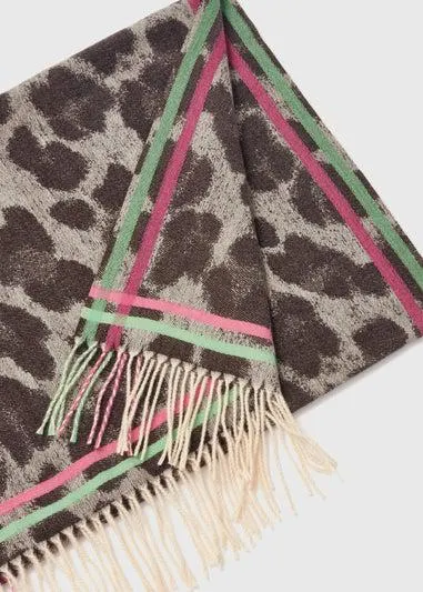 Brown Leopard Tassel Scarf - One Size