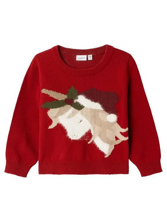Mini Girls Unicorn Christmas Jumper - Jester Red