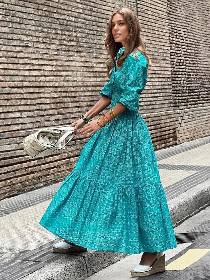 Floral Dress Maxi Dresses Geometric Half Sleeves V-Neck Casual Stretch Pleated No Open Seam Long Spring