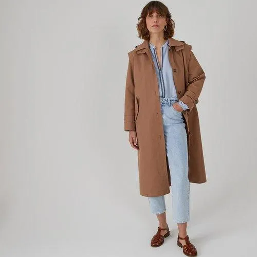 Buttoned Trench Coat with Detachable Hood in Cotton Mix