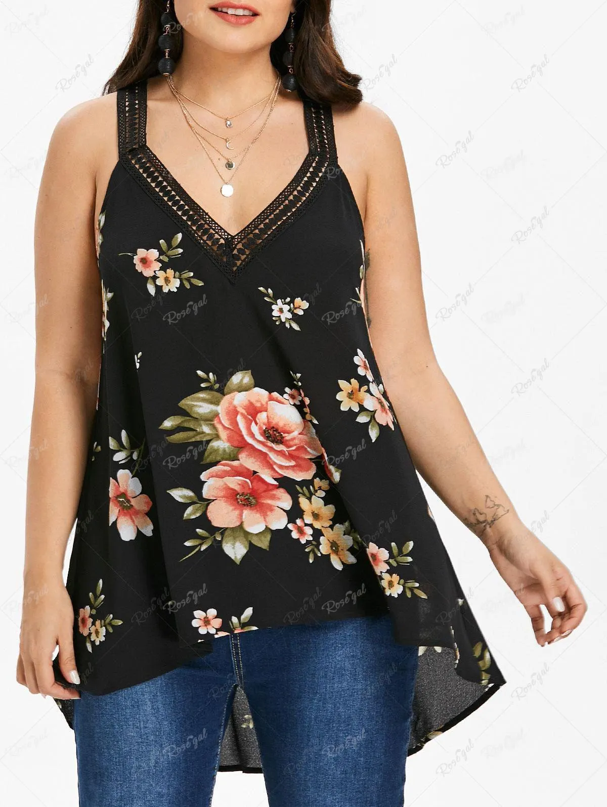 Plus Size Flower Print Hollow Out Lace Trim Cami Top - L | Us 12