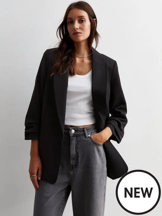 Black Ruched Sleeve Oversized Blazer
