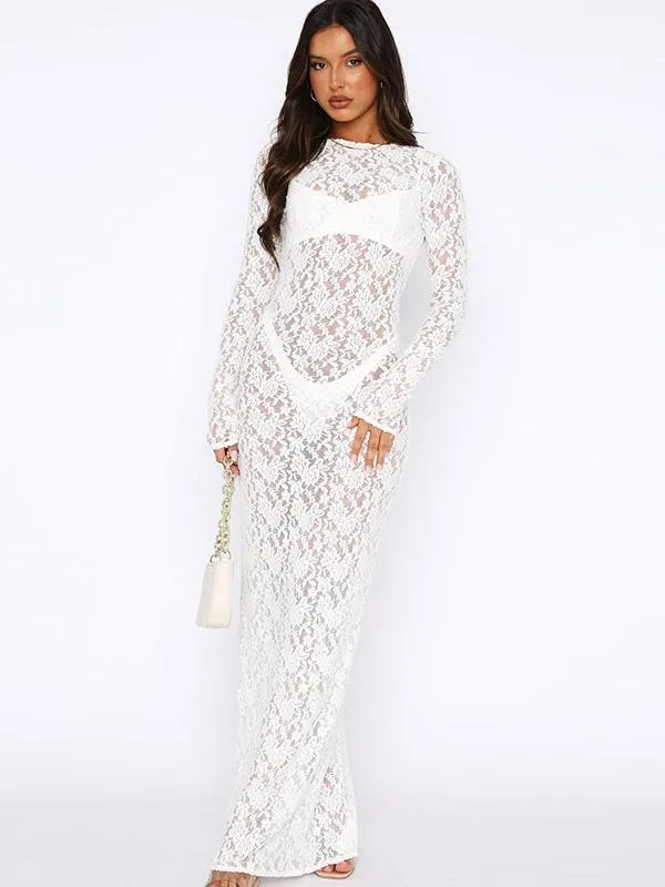 Club Dress Jewel Neck Sexy Lace Long Sleeves Lace Sheer White Sexy Dress