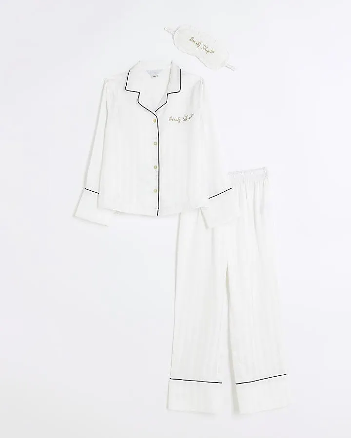Girls white stripe satin 3 piece pyjama set