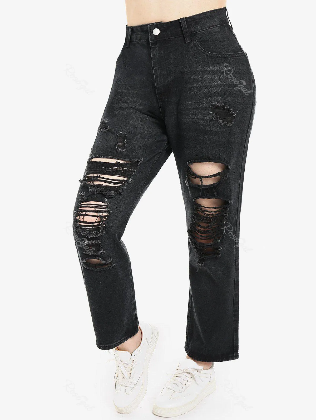 Shredded Distressed Plus Size Boyfriend Straight Jeans - L