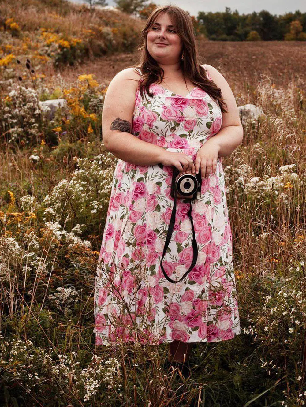 Plus Size & Curve Cottagecore High Slit Cowl Front Floral Print Midi Dress - L