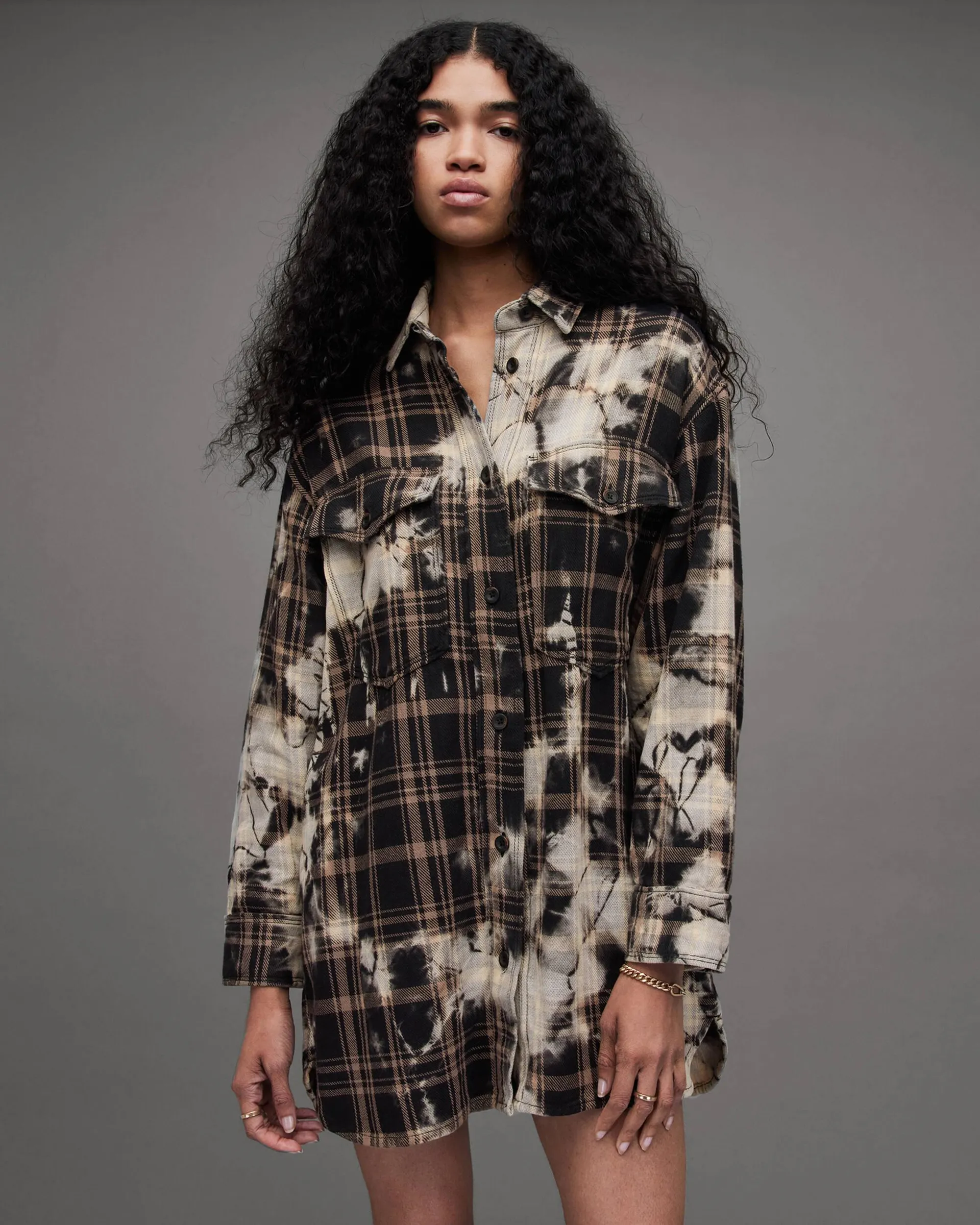 Lily Bleach Dyed Check Mini Shirt Dress