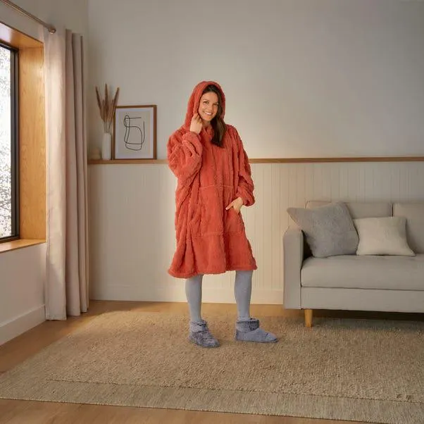 Flower Carved Oversized Fleece Hoodie, Coral