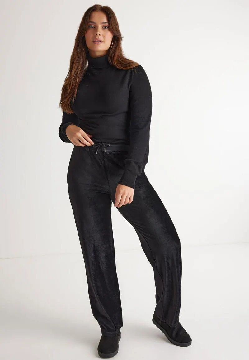 Womens Black Wide Leg Velour Trouser