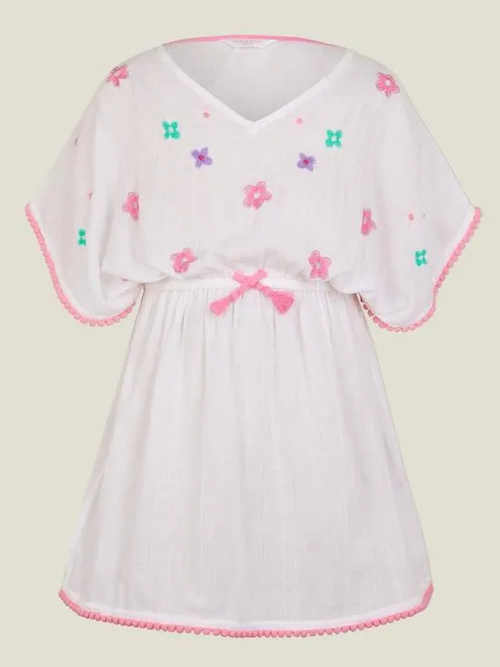 Girls Floral Embroidered Kaftan - White