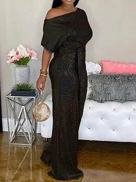 Black Off Shoulder Tie Waist Jumpsuit