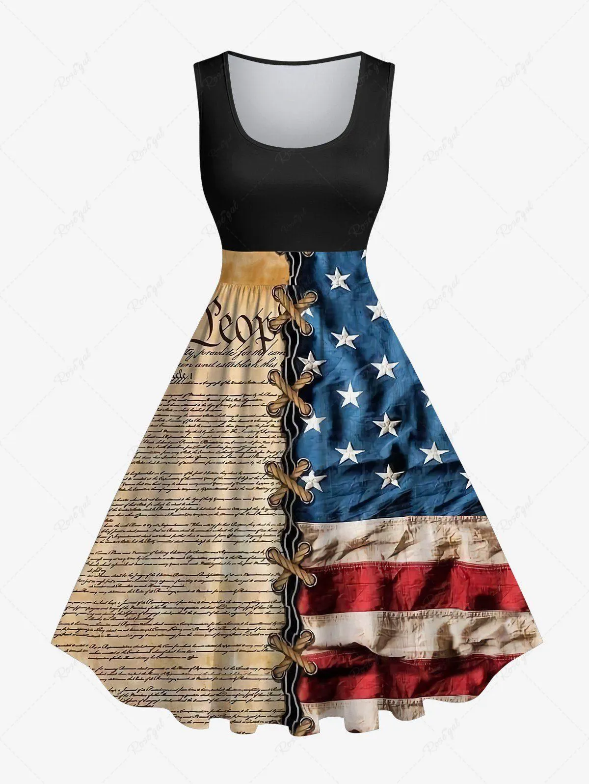 Plus Size 3D Lace Up American Flag Newspaper Print 1950s Vintage Swing A Line Dress - L