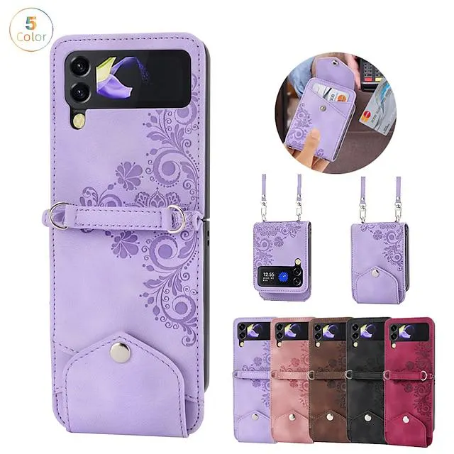 Phone Case For Samsung Galaxy Handbag Purse Flip Z Flip 4 Z Flip 3 Flip with Removable Cross Body Strap Card Holder Slots Solid Colored Flower PU Leather
