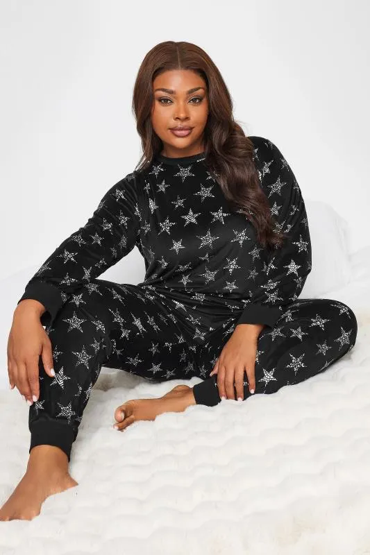 YOURS Curve Black Animal Print Star Velour Lounge Set
