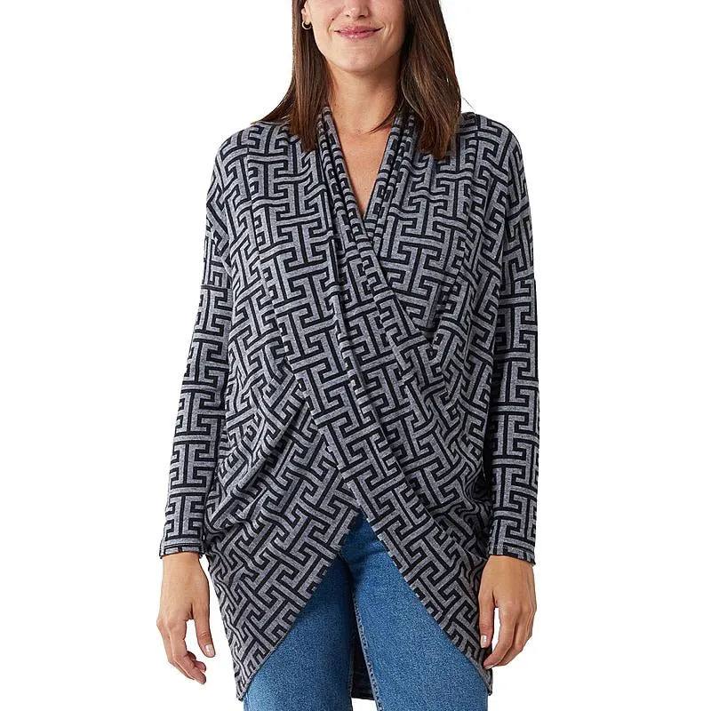TAMSY Geometric Print Draped Neck Tunic - Black and Grey
