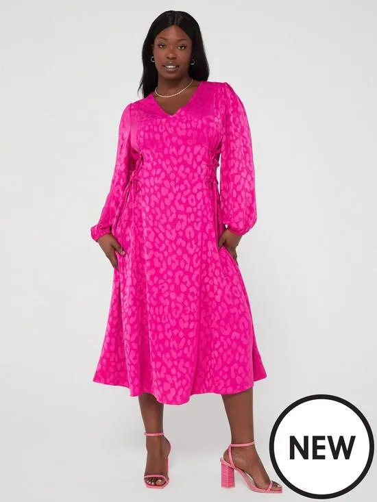 V by Very Curve Animal Jacquard Lace Up Long Sleeve Midi Dress - Pink