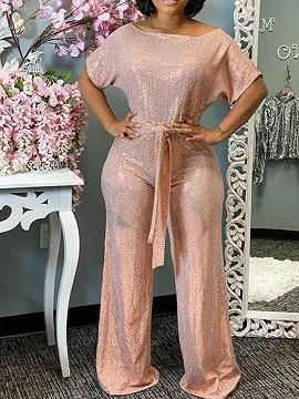 Pink Off Shoulder Tie Waist Jumpsuit