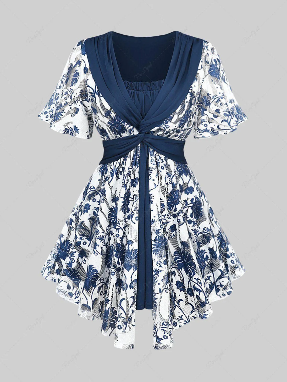 Plus Size Crochet Blue And White Porcelain Floral Print Pleated Twist Ruched 2 In 1 Top - L | Us 12