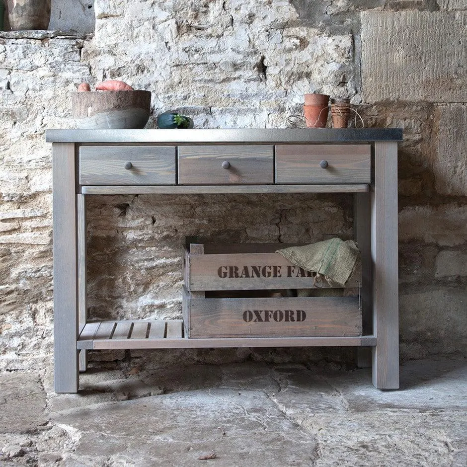 Grey wooden potting table with storage