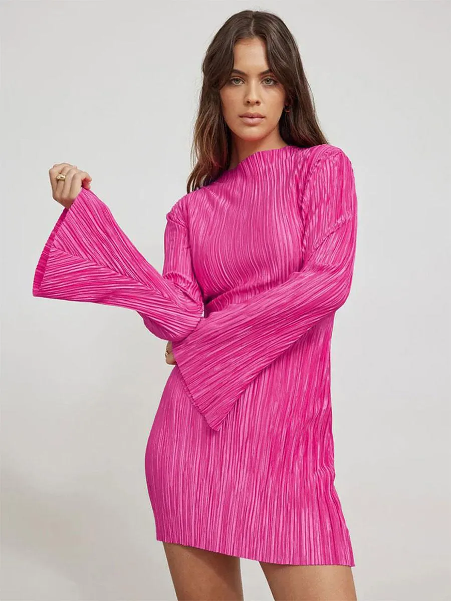 Bodycon Dresses Pink High Collar Pleated Sexy Long Sleeves Pencil Dress