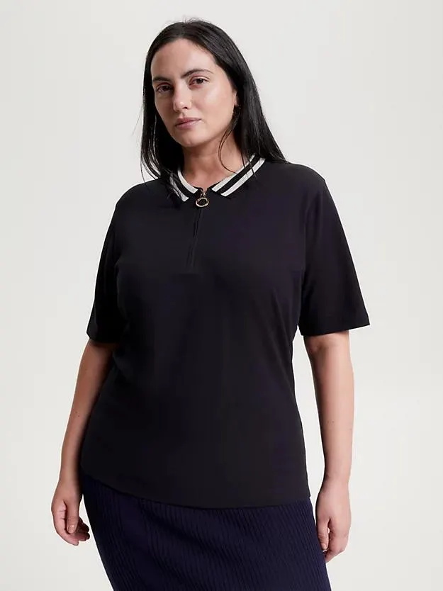 Curve Stripe Collar Half Sleeve Zipped Polo
