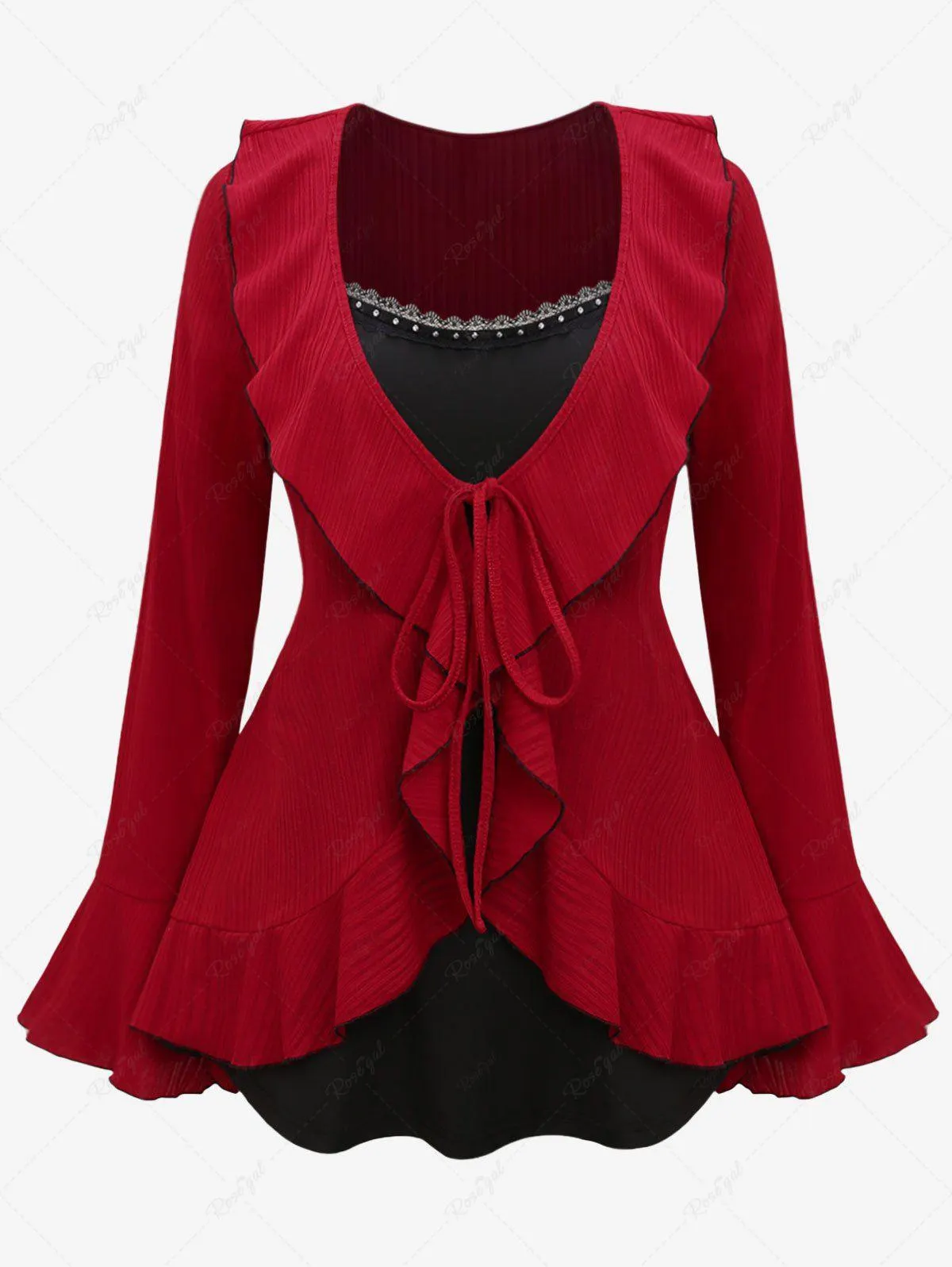 Plus Size Ruffles Tied Rivet Eyelash Lace Trim 2 In 1 T-shirt - 2x | Us 18-20