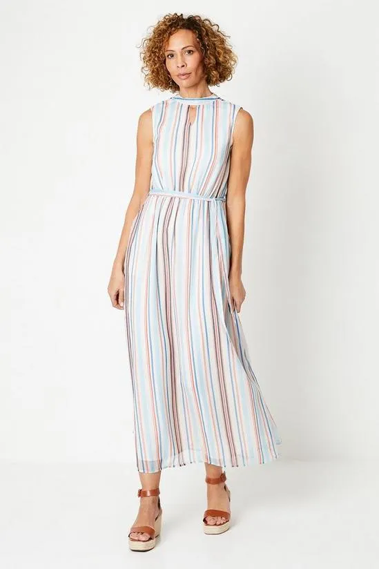 Stripe Print Chiffon Keyhole Belted Maxi Dress