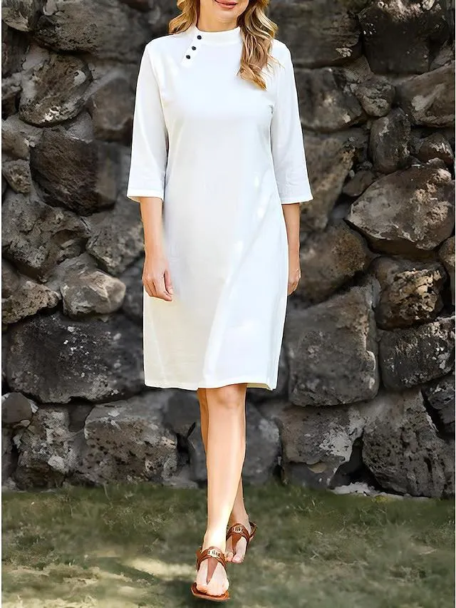 55% Linen Women's Cotton Linen Dress White Midi Dress Summer Spring Linen Casual Vintage Holiday Crew Neck Button Basic High-end Series Regular Fit