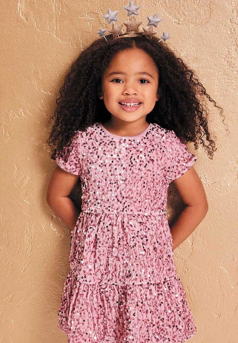 Younger Girls Pink Velvet Sequin Sparkle Dress