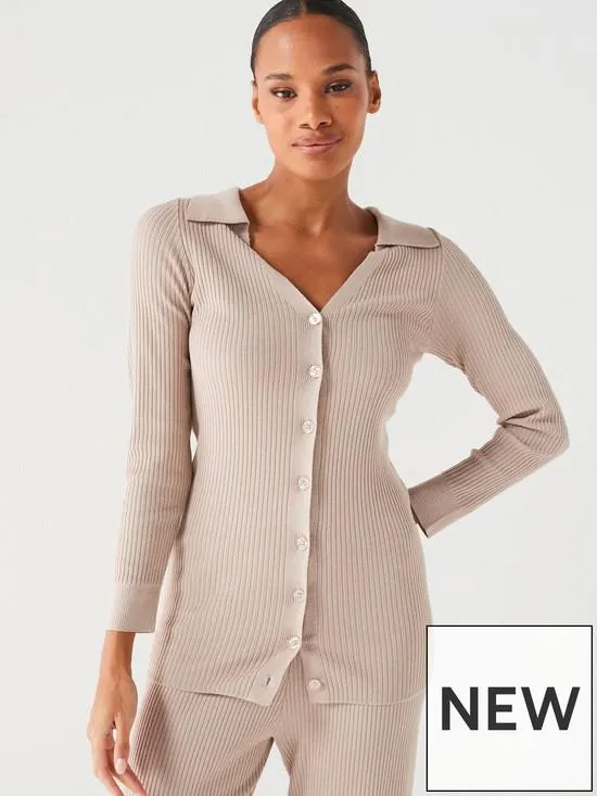 Button Through Knitted Shirt Coord - Beige