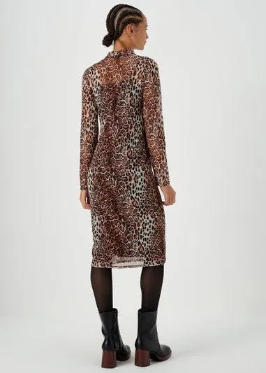 Papaya Petite Brown Leopard Print Mesh Midi Dress - Size 8