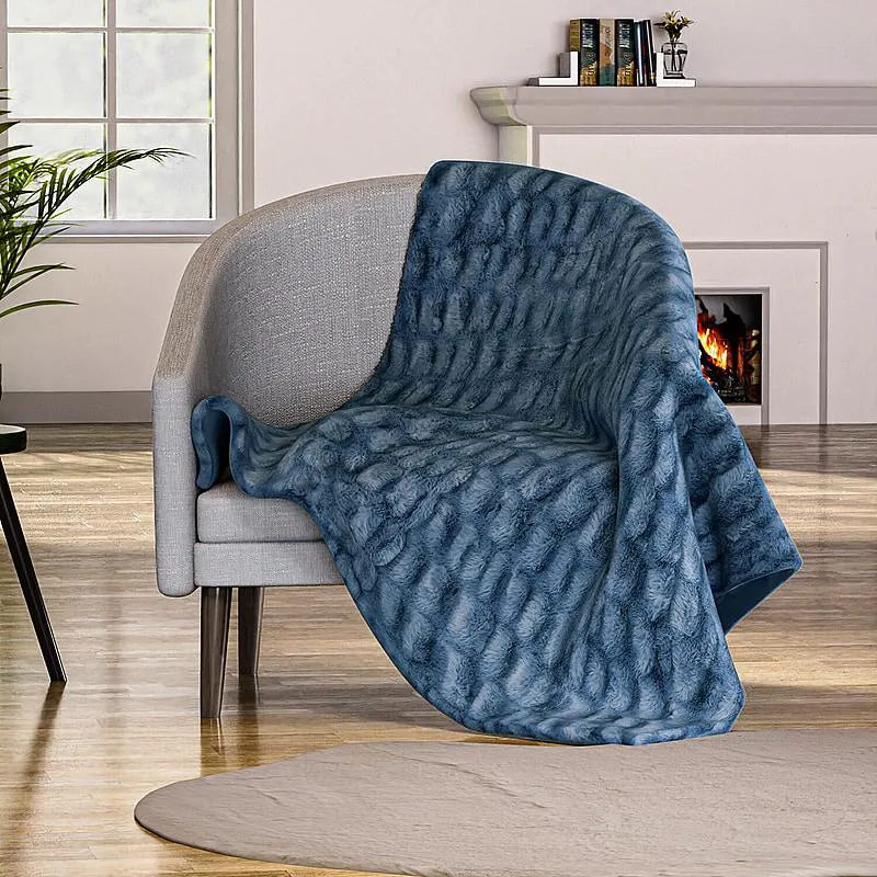 Ruched Super Soft Blanket with Velour Double Layer (Size 152x127 cm) - Blue