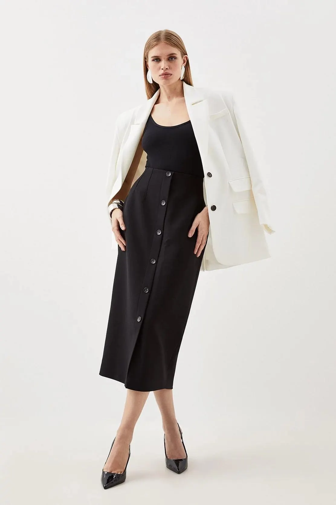 Tailored Compact Essential Button Through Midi Pencil Skirt