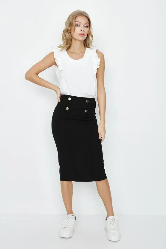 Black Button Seam Front Midi Skirt