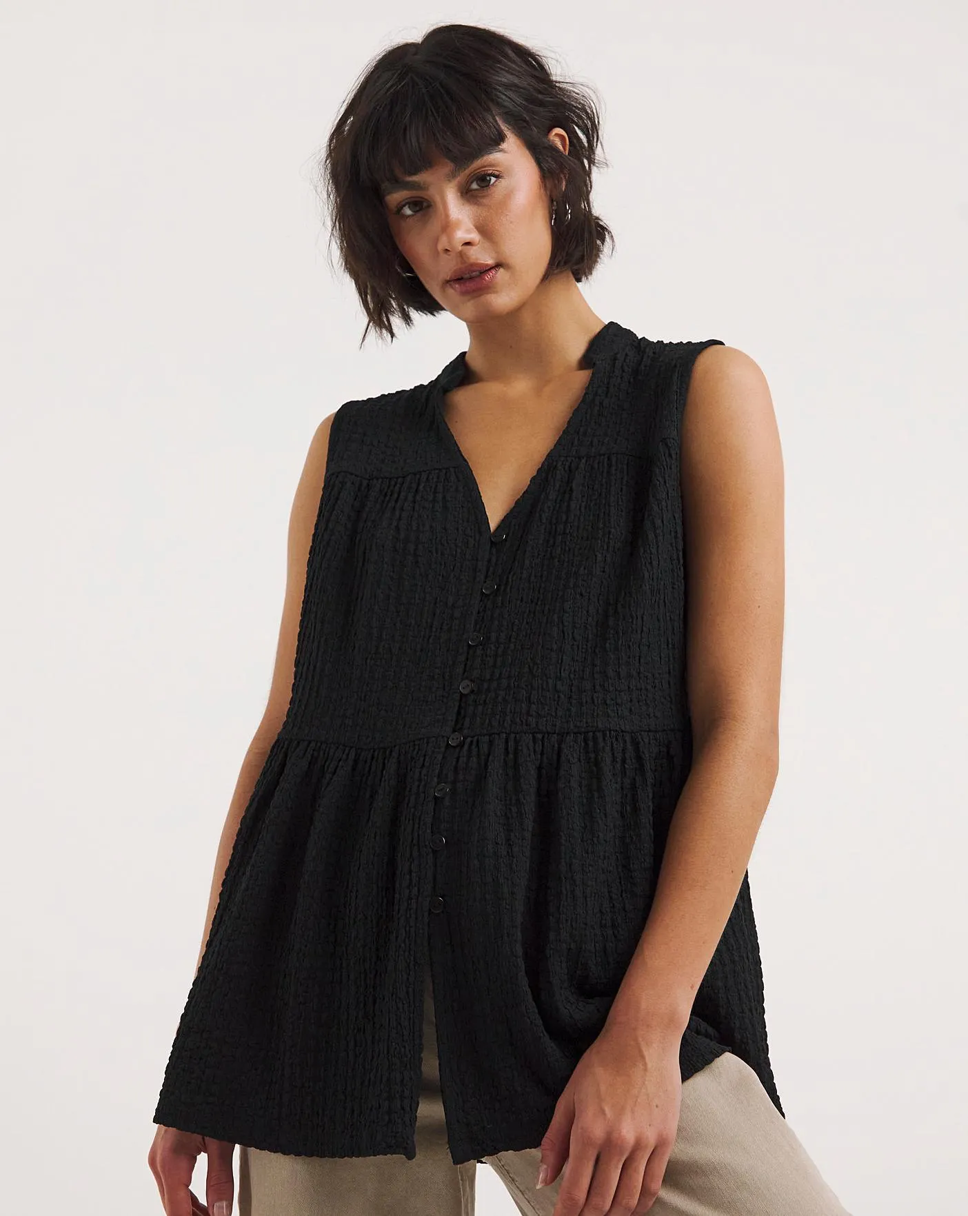 Black Textured Tie Neck Button Front Top