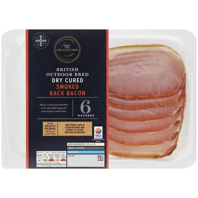 M&S Select Farms Outdoor Bred 6 Dry Cured Smoked Back Bacon Rashers 220g