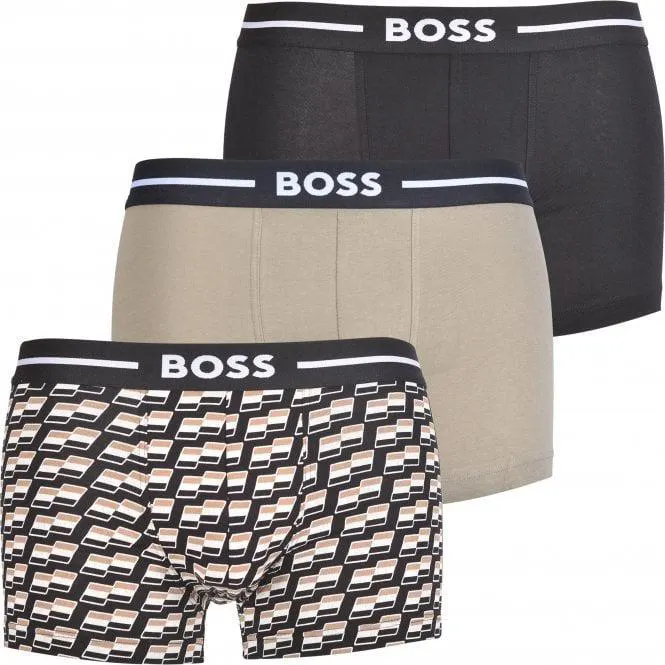 3-Pack Bold Flag Print Boxer Trunks, Black/Beige/Khaki