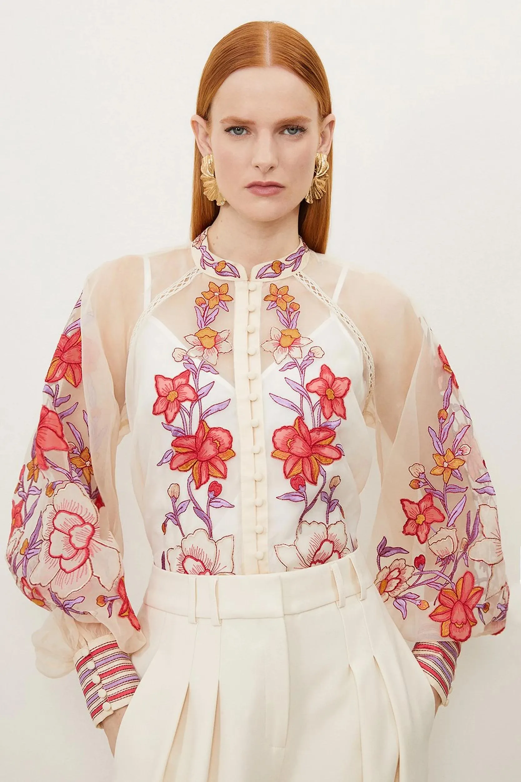 Floral Placed Embroidery Organdie Woven Blouse