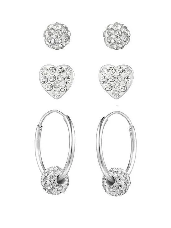 The Love Silver Collection Sterling Silver Crystal 3 pack - 4mm Glitterball Studs, 6mm Heart Studs & 14mm Hoops With Slider