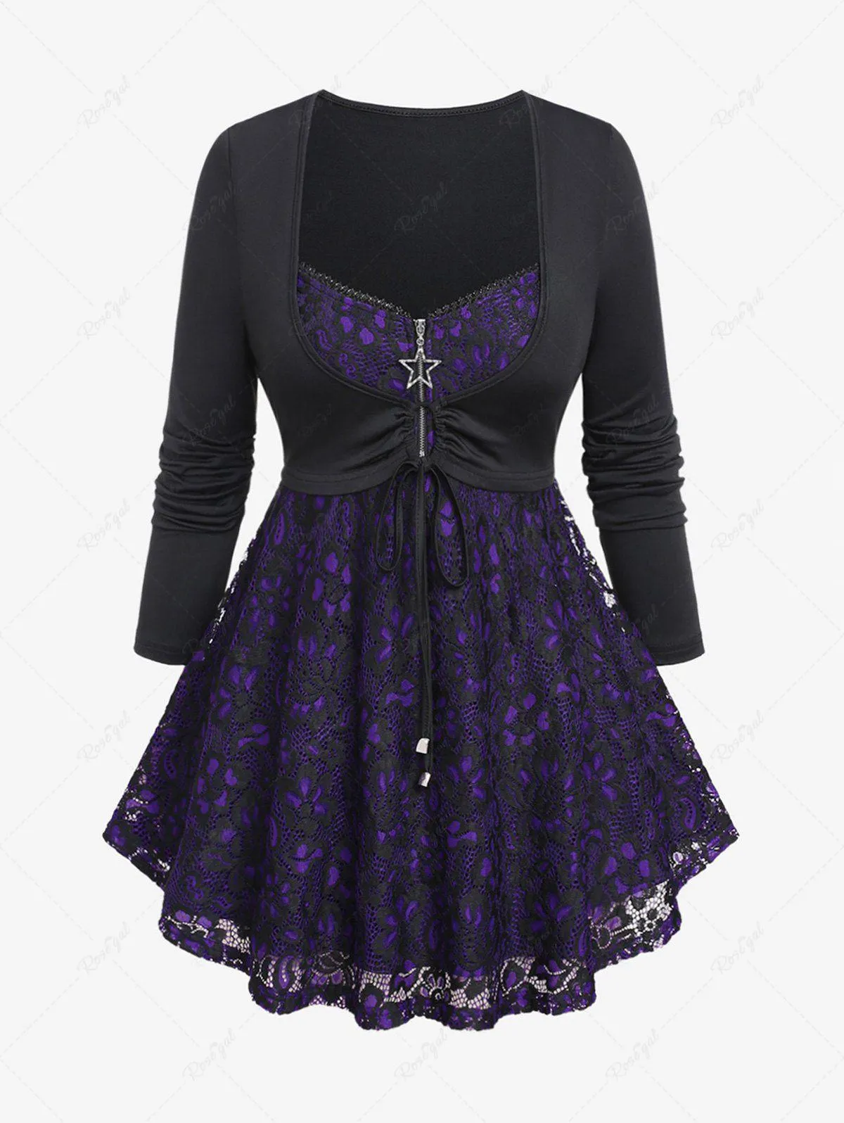 Plus Size Pentagram Zipper Flower Lace Trim Cinched Ruffles 2 In 1 Top - 4x | Us 26-28