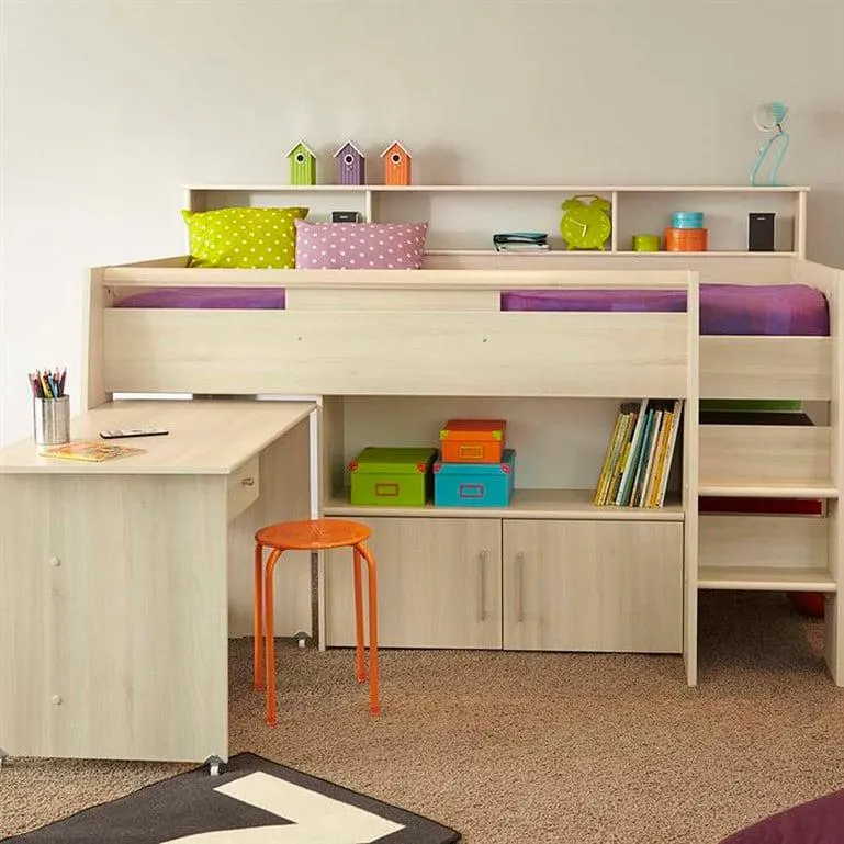 Light Brown Wood Children's Midsleeper Single Cabin Bed Frame With Pull Out Desk, Storage And Shelves