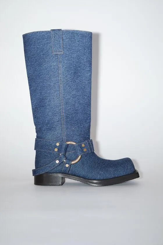 Denim buckle boots