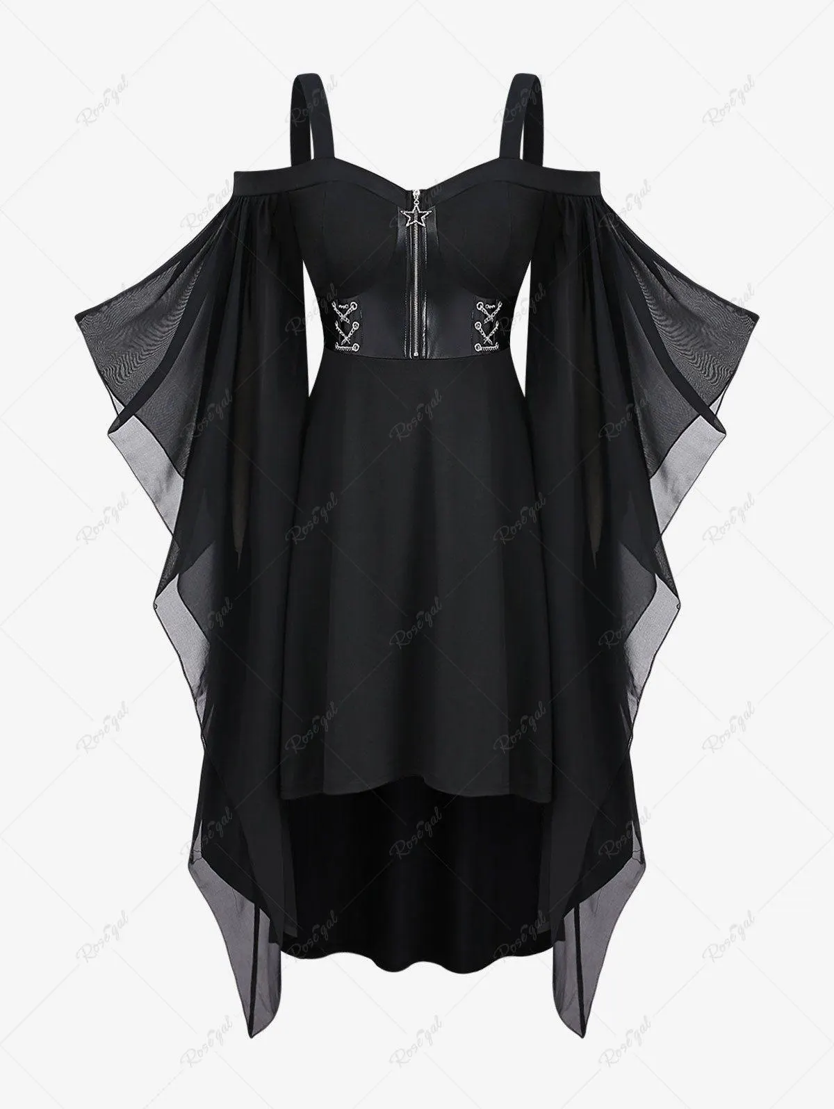 Halloween Witch Costume Plus Size Cold Shoulder Mesh Butterfly Sleeves Zipper Lace Up Vintage Medieval Dress - 2x | Us 18-20