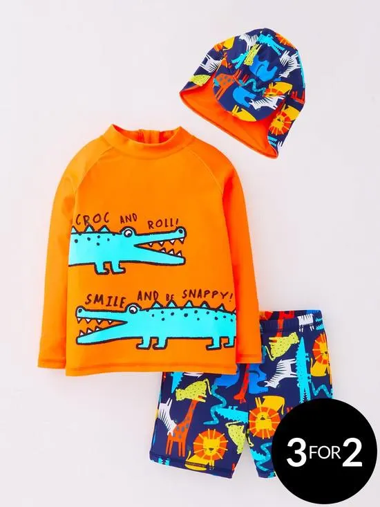 Boys Croc Rash Vest, Short And Hat Swim Set