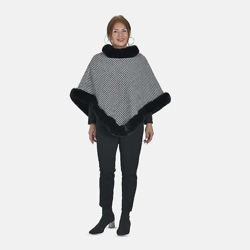Tamsy Checkered Pattern Double Layer Faux Fur Poncho - Black and White
