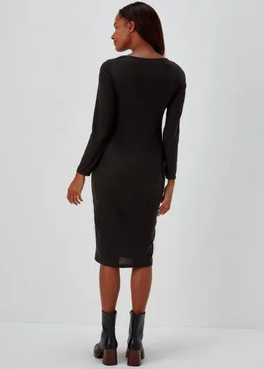 Black Square Neck Ribbed Long Sleeve Midi Dress - Size 8