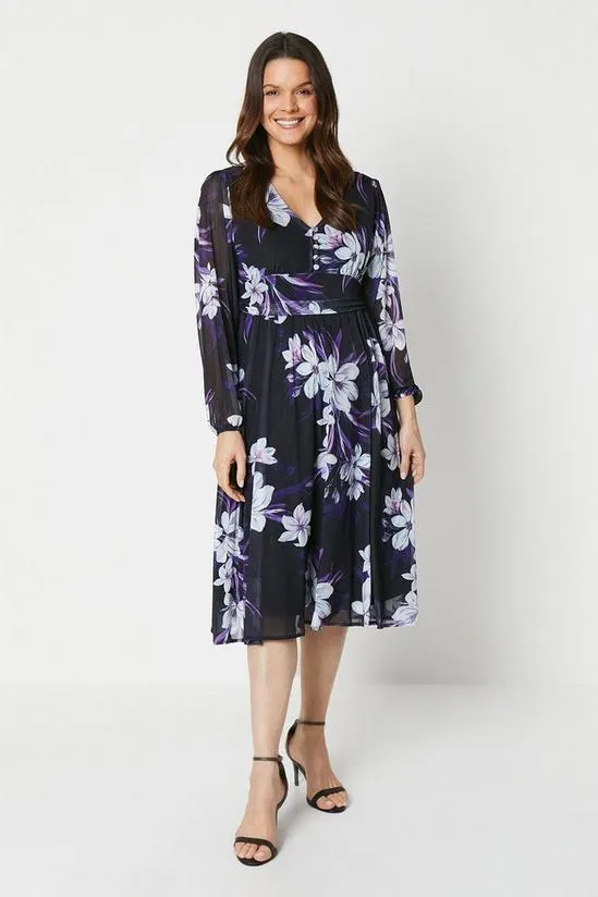 Petite Printed Mesh Fit And Flare Midi Dress