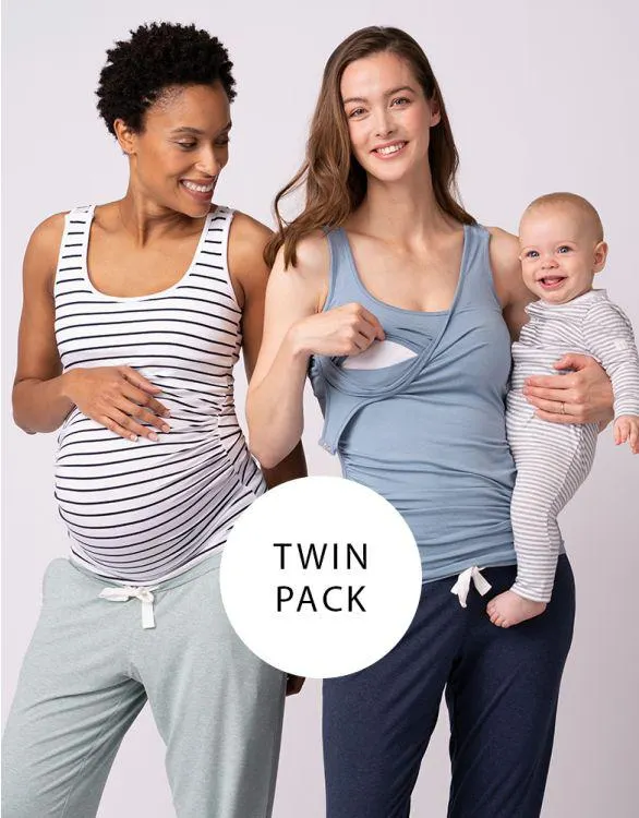 Two Pack Essential Maternity to Nursing Vest Tops in Blue & Stripe