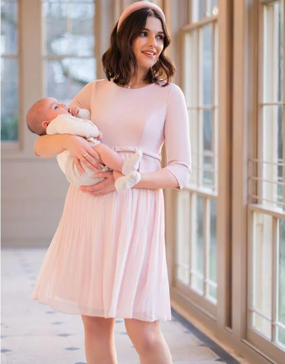 Blush Pink Pleated Maternity & Nursing Dress